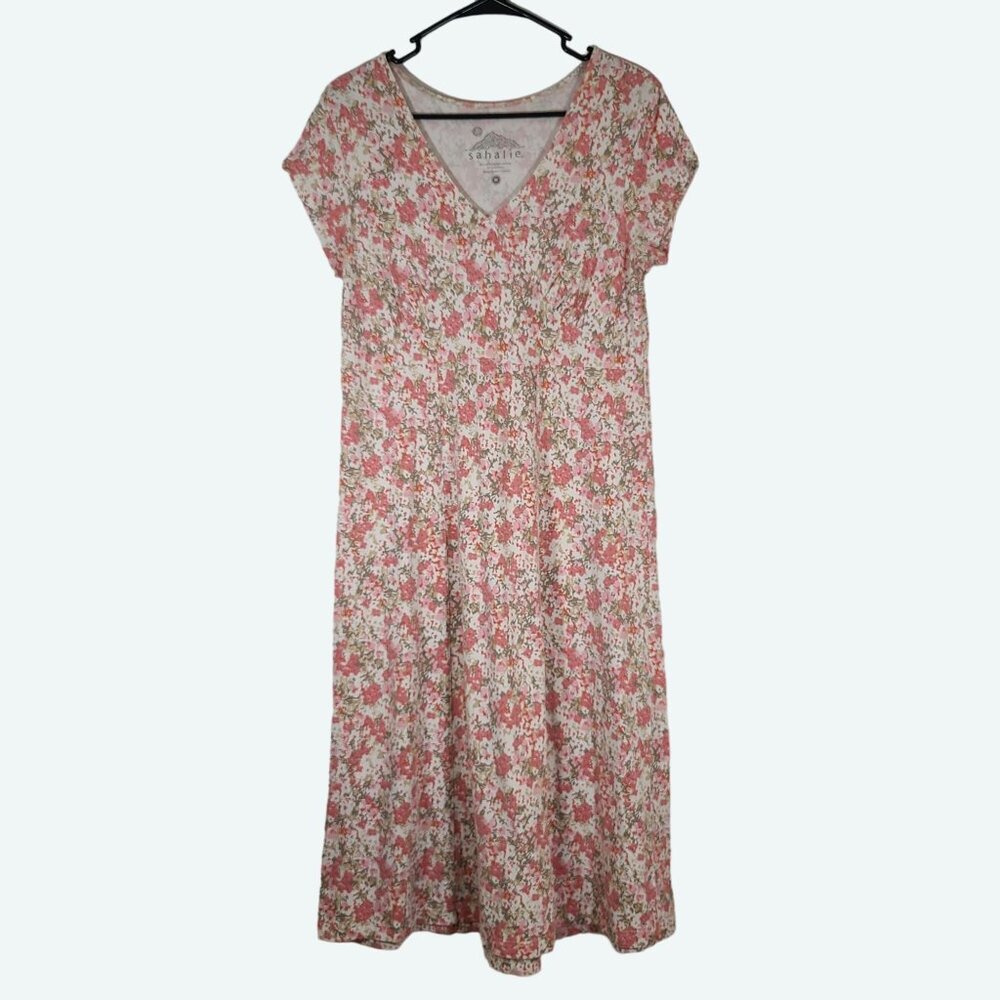 Sahalie Cotton Blend Cap Sleeve V-Neck Empire Waist Floral Midi Dress Medium